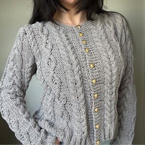Handmade Gray Cable Knit Cardigan with Gold Buttons